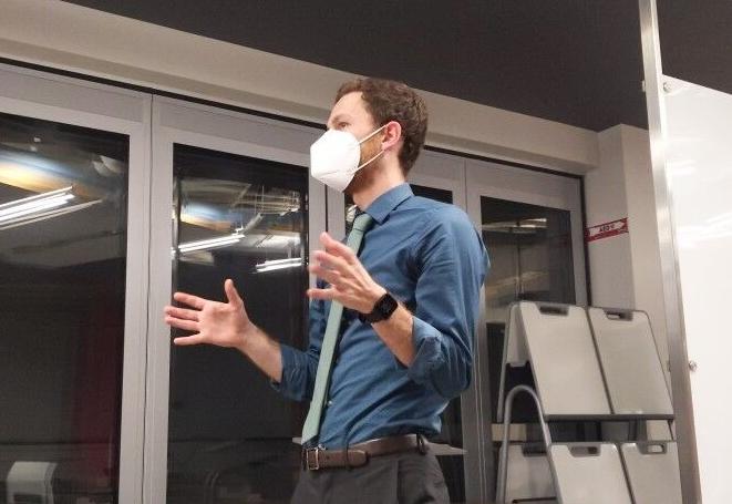 Adam Berkowitz presents his concerns to the BOE regarding health when working in the hub at a meeting on Oct. 19.